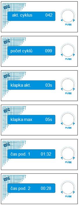 STATISTIKA zobrazení hodnot uložených v paměti Tyto hodnoty se postupně zobrazuji pouhým otáčením kolečka vpravo nebo vlevo (pokud stiskneme v průběhu prohlížení tlačítko PUSH timer vstoupí do MENU).