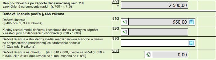 2014 Daňová licencia > Daň Daňová licencia > Daň 960 > 0 960 > 900 2500 > 960 - riadok 820 bude prázdny, - na riadku 910