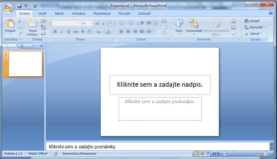 Microsoft Office PowerPoint 2007 Prezentačný softvér, prostredníctvom ktorého je možné navrhnúť, kvalitne graficky a esteticky stvárniť a následne spustiť prezentáciu.