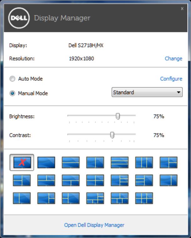 Dialógové okno Rýchle nastavenia umožňuje aj prístup k rozšírenému používateľskému rozhraniu Dell Display Manager, ktoré slúži na nastavenie základných funkcií, konfiguráciu
