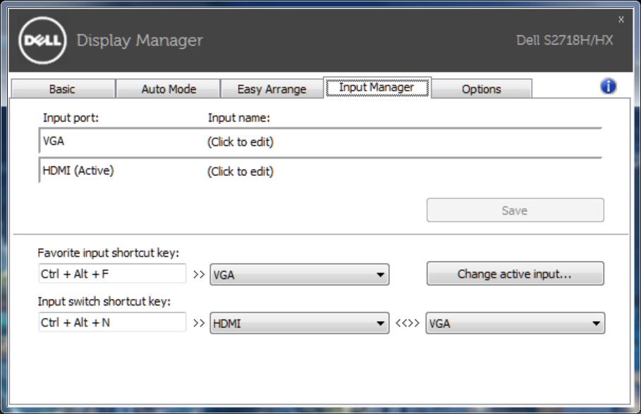 Spravovanie viacerých obrazových vstupov Záložka Input Manager poskytuje pohodlné spôsoby na spravovanie viacerých obrazových vstupov pripojených k vášmu monitoru Dell.