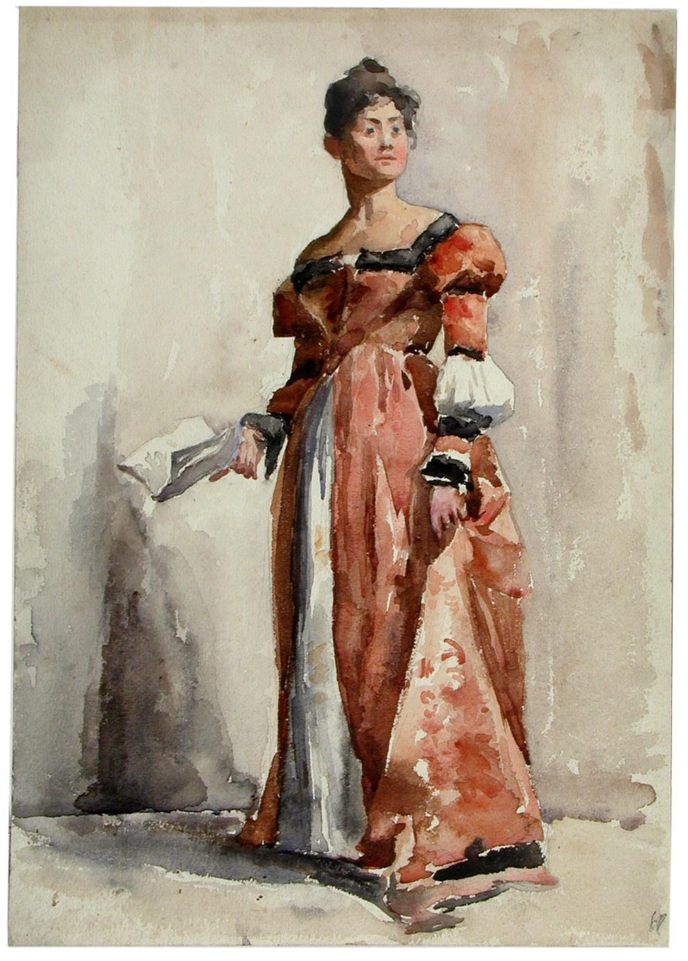 Étude de costumes réalisée à l académie Colarossi, 1888, tužka a akvarel na