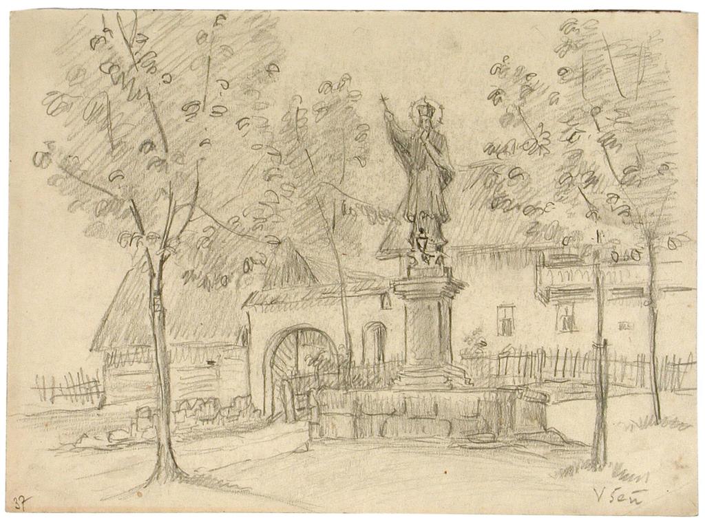 Place du village de Všen, 1928, dessin au crayon sur papier, travail préparatoire