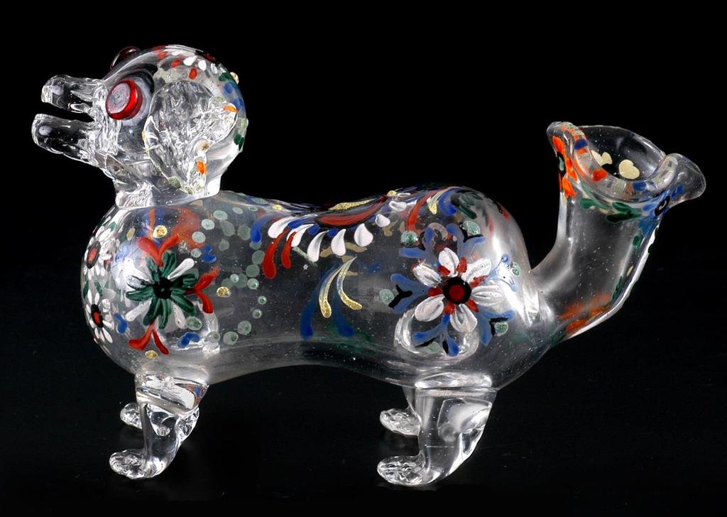 Vase en forme de chien, vers 1910, verre clair peint à l émail, de la succession Kopal, de la famille de M.