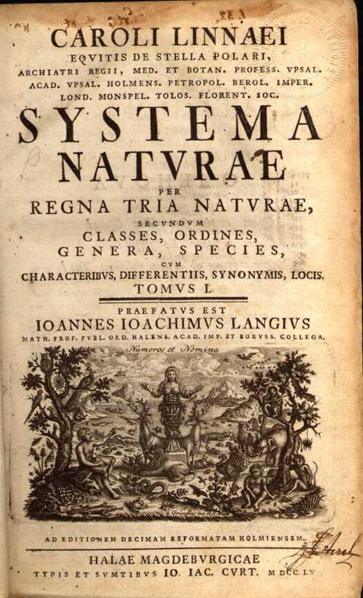 1758 poprvé použil důsledně binominální nomenklaturu (rodové