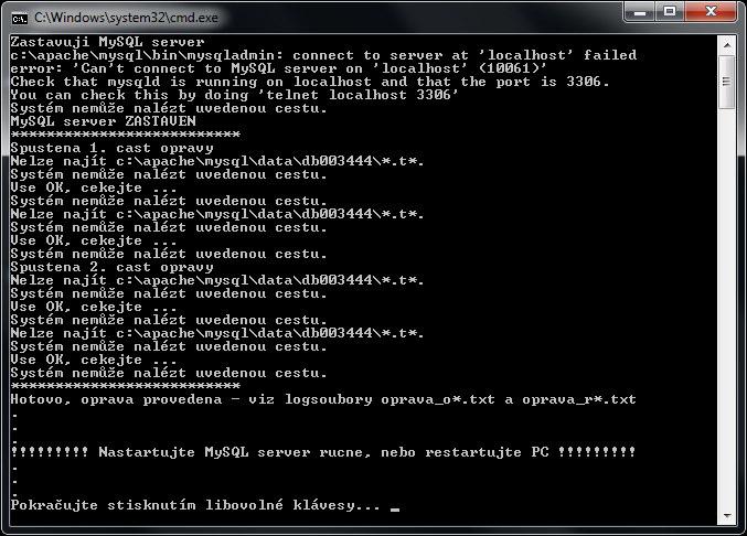 B. Nyní doporučujeme provést zálohu databáze - zkopírovat obsah c:\apache\mysql\data\db003444\ do záložní složky. C. Poté spustíte soubor oprav.