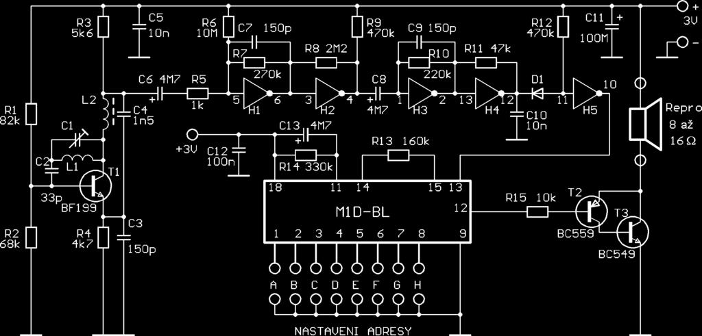 Deska s plošnými spoji vysílače má rozměr 36 x 36 mm. Modul je určen pro vestavění do krabic standardních vypínačů. Ve vysílači použitý kodér M1E je v pouzdru DIL s 18 vývody.