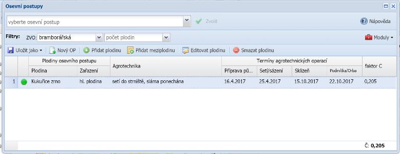 5) zadané plodiny a zobrazí se v řádku plodiny v poli faktor C. Obr. 2.