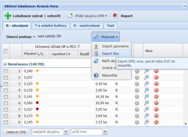 2.12 Export dat a) Export DPB, EP, EUC z dané Skupiny DPB je možné provést kliknutím na tlačítko Export Shp v Panelu lokalizace (Obr. 2.