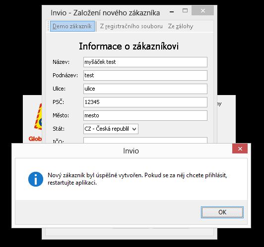 Záložka Demo zákazník o Zvolte, pokud s aplikací Invio začínáte a dosud jste ji nepoužívali o Po prvotní instalaci pokračujete vždy touto