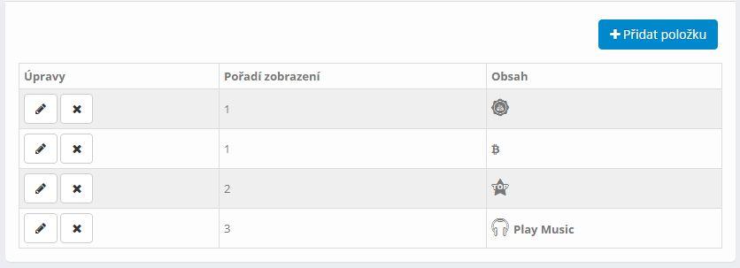 V administraci lze tyto ikonky nastavit v sekci Obsah webu / Struktura webu / Navigační ikonky: Zde lze upravit nebo přidat další ikonka, v tomto formuláři: Vysvětlení jednotlivých políček: -