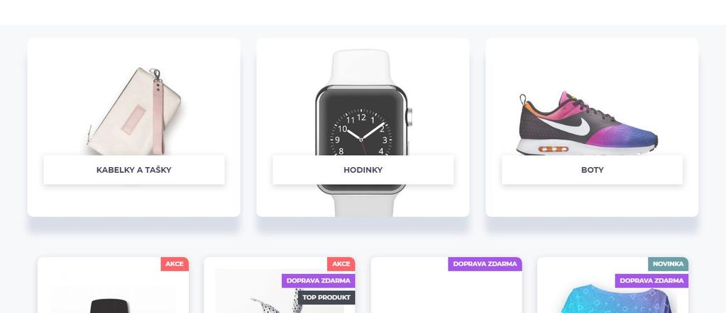 Grafické ztvárnění kategorií Na úvodní straně eshopu lze graficky zvýraznit preferované kategorie produktů.