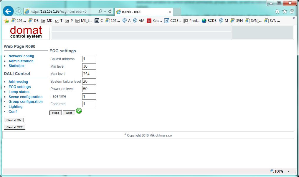 Menu ECG Settings Conf Menu pro povolování funkcí jednoduchého řízení Webové rozhraní je užitečné při uvádění systému do provozu: sběrnice DALI může být kontrolována bez vazby na program v PLC.