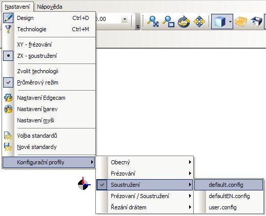 Nachází se v nabídce Nastavení/XY - frézování a Nastavení/ZX - soustružení. Také je nutno zkontrolovat, jestli je provedena volba profilu soustružení nebo frézování.