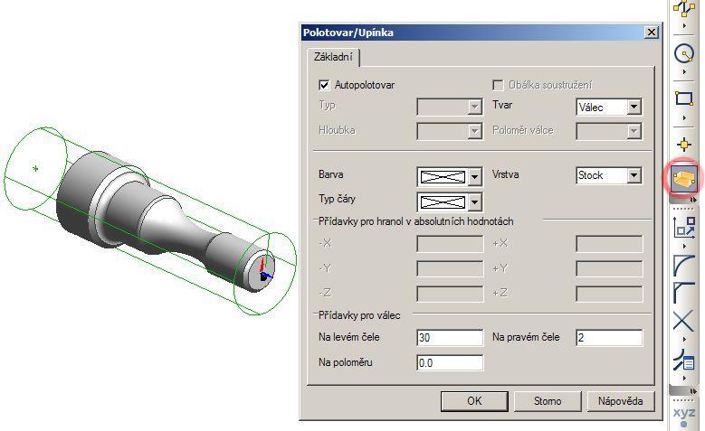 FSI VUT BAKALÁŘSKÁ PRÁCE List 12 Následně je možno vytvořit polotovar klepnutím na příslušnou ikonu (Obr. 3.3). V našem případě je potřeba v následující tabulce vybrat Autopolotovar a Tvar Válec. Obr.