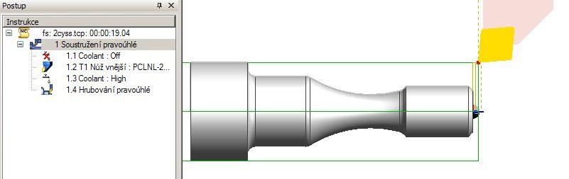 7 Parametry čelního soustružení Po potvrzení tlačítkem OK budou automaticky vygenerovány dráhy a zobrazí se i se zvoleným nástrojem. Viz Obr. 3.