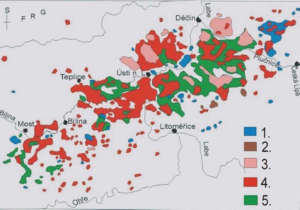 Obr. 8. Schematický nákres geologické situace oblasti České středohoří. Upraveno podle Ulrycha et al. (2002). 1. Trachyt./ fonolit. intruze, 2. Trachybazalt. intruze, 3. Svrchní formace, 4.