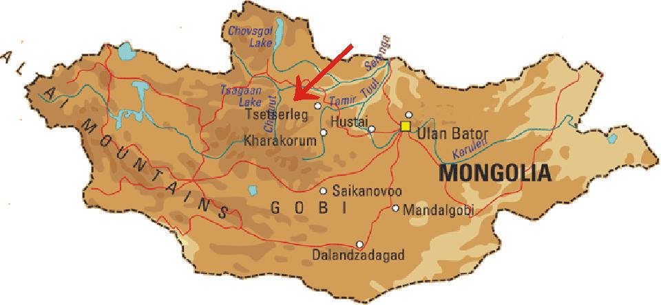 2.3 Granáty z lokality Šavaryn Caram v Mongolsku 2.3.1 Lokalizace ložiska Šavaryn Caram v Mongolsku Ložisko Šavaryn Caram v Mongolsku se nachází v pohoří Changai 650 km západně od Ulánbátaru v