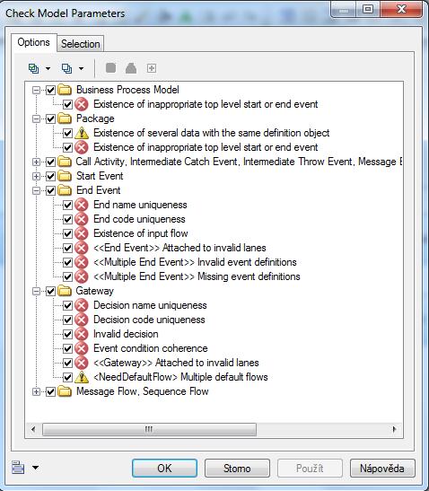 Obr. 4.32 Definice kontrol modelu v PowerDesigner (zdroj: autorka) Pro modelování procesů je připravena notace BPMN 2.
