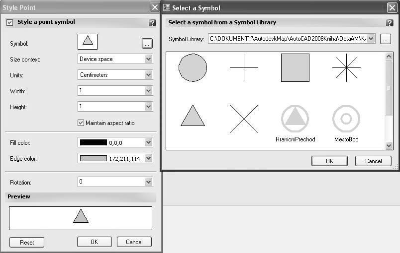 Obr. 4: Výběr znaku a nastavení parametrů AutoCAD Map 3D 2009 Do bloku lze uložit také text.