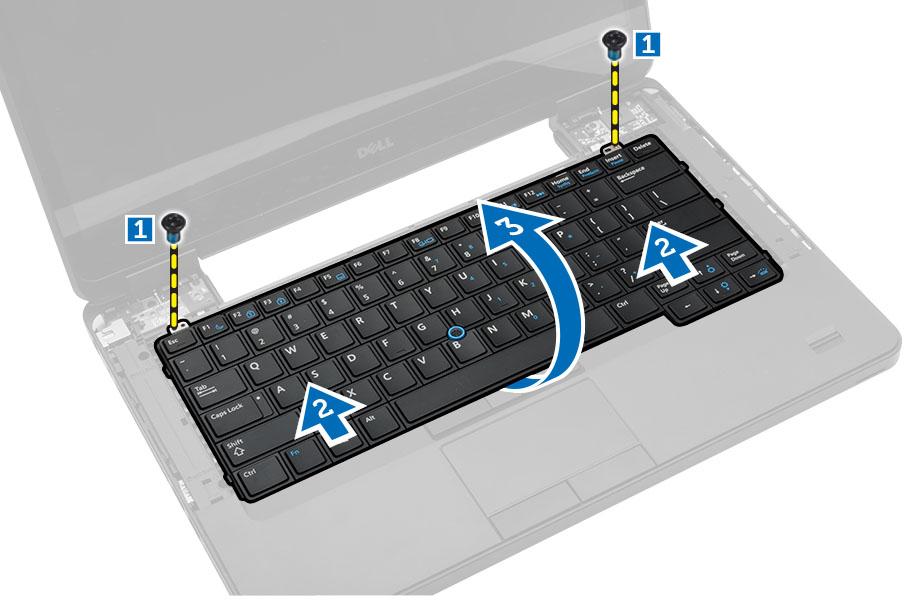 5. Odpojte kabel klávesnice a vyjměte klávesnici z počítače. Montáž klávesnice 1.