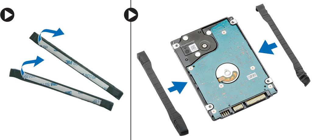 2. Zapojte pevný disk do konektorů. 3. Umístěte držák pevného disku na pevný disk a utažením šroubů držák pevného disku připevněte na místě. 4. Namontujte tyto součásti: a) spodní kryt b) baterie 5.