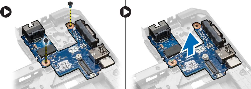 Montáž desky I/O (pravá) 1. Umístěte desku I/O do počítače. 2. Utáhněte šrouby, které připevňují desku V/V k počítači. 3. Namontujte tyto součásti: a) základní desku.