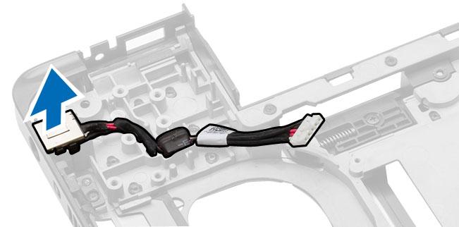 j) závěs displeje k) opěrka rukou l) klec karet ExpressCard m) systémový ventilátor n) základní desku. 3. Postupujte takto: a) Vyjměte kabel konektoru napájení z vodicích kanálků.