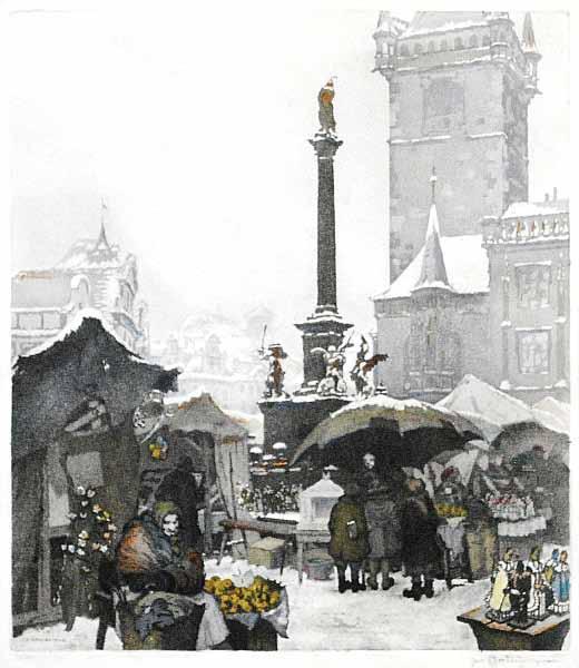 135 Jaromír Stretti - Zamponi (1882 1959) Staroměstské náměstí v Praze kolorovaný lept, 35,5 x 31,5 cm, sign. PD Jar.