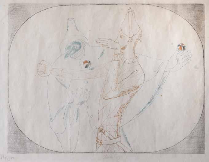 137 137 František Tichý (1896 1961) Commedia dell arte suchá jehla, 1943, 30 x 39 cm, sign. DU Tichý 43, rám, č.467/550, krásná ukázka z grafického díla přední osobnosti české výtvarné avantgardy.