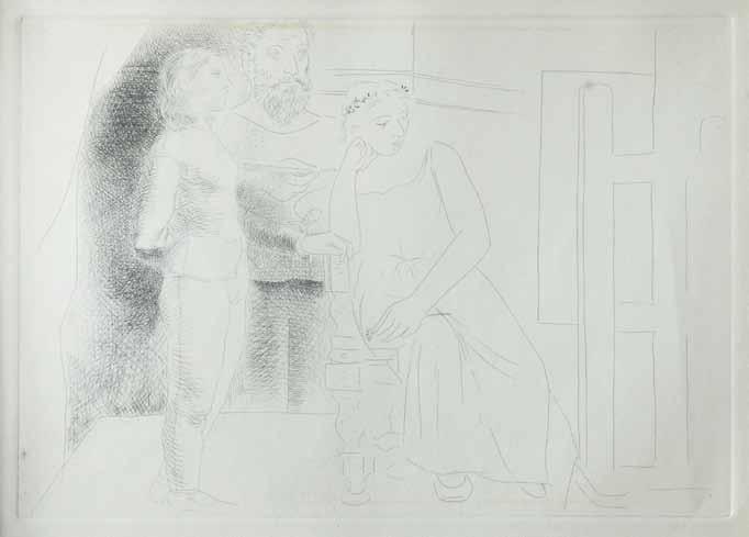 10 10 Pablo Picasso (1881 1973) Peintre entre Deux Modeles suchá jehla, 1927, 19,3 x 27,9 cm, rám, prvně datované Picassovy grafické listy pocházejí z roku 1904, kdy Picasso působil v Paříži.
