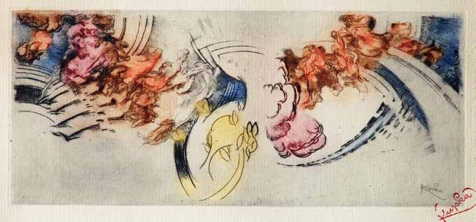 11 11 František Kupka (1871 1957) Abstraktní kompozice barevný lept, 1913, 15,5 x 30 cm, značeno PD razítkem Kupka, rám, tento grafický list byl vytištěný v druhé polovině 50.