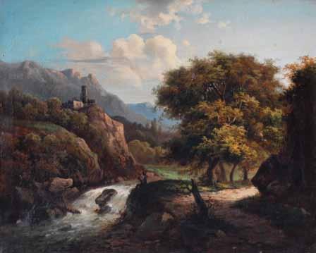 157 Neznámý autor Romantická krajina se zříceninou hradu olej, plátno, dat. po r. 1850, 55 x 68 cm, rám, konzultováno s PhDr.