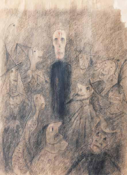 19 19 Alén Diviš (1900 1956) Maska červené smrti uhel, pastel, papír, 1950, 60,5 x 45 cm, rám, ilustrace k dílu Allana Edgara Poea, Maska červené smrti vznikla v 50. letech 20. století.