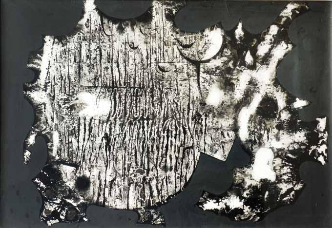 42 42 Bohdan Kopecký (1928 2010) Vrstvy dávných rozmluv tuš, tempera, papír, 1966, 70 x 100 cm, rám, vzadu popis Monografie: Gallery str.