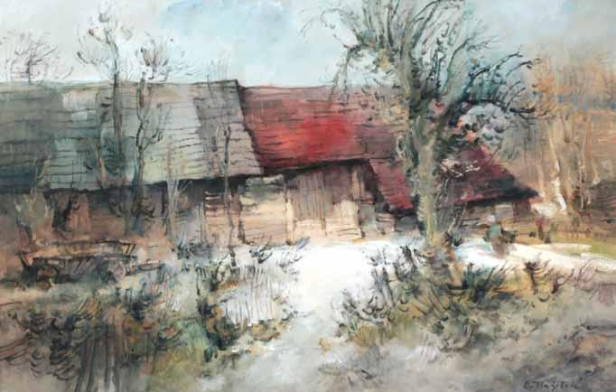 87 87 Oldřich Blažíček (1887 1953) Zima na statku olej, karton, 37 x 57 cm, sign. PD O. Blažíček, představitel moderní české krajinomalby, studoval na pražské VŠ
