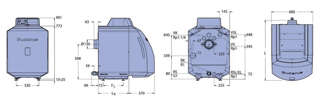 Logano G125 s Logatop BE Logano G125 17 kw 21 kw 28 kw 34 kw Délka L mm 880 880 1000 1120 L K mm 536 536 656 776 Spalovací prostor Délka mm 407 407 522 642 mm 270 270 270 270 Dveře hořáku mm 90 90 90