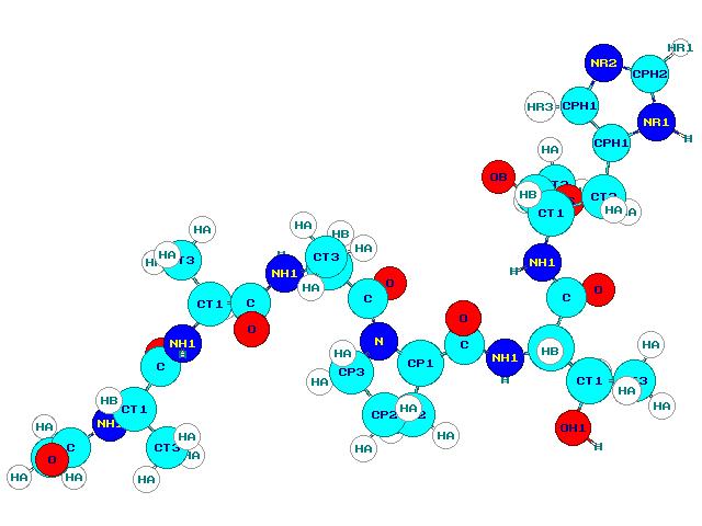 3.5. VÍCEATOMOVÉ MOLEKULY 35 Obr. 3.2: Oligopeptid v silovém poli CHARMM22 (vlevo), jeho parciální náboje (v e, uprostřed) a model vody TIP4P (záporný náboj je posunut z kyslíku do bodu M).