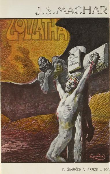 11. Obálky Macharových sbírek od Františka Kupky I. Přední a zadní obálka sbírky Golgata (Praha, F. Šimáček 1904). b.