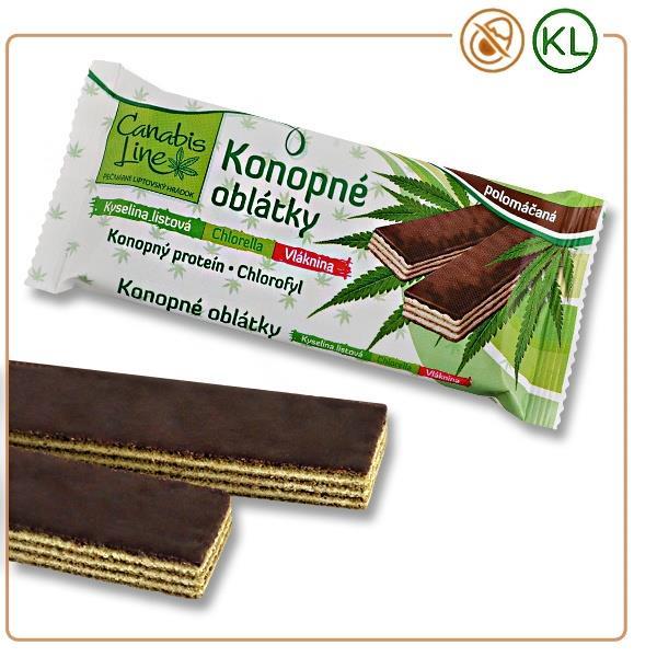 Konopné oblátky polomáčané 40g (SK) Konopné oblátky s mliečnou krémovou náplňou (59%) polomáčané kakaovou polevou.