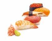 nigiri 4 pcs (salmon, tuna, red snapper, butterfish; sashimi 6 pcs (salmon, prawn); maki 6 pcs (pickled radish); spring roll 1 pc Chirashi sushi /630Kč sashimi 12 ks (tuňák, losos, pražma, máslová