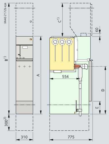 Rozmery Polia (310 mm) Káblové pole, typ K Odpínaové pole, typ R Výška rozvádzaa bez nízkonapäovej skrinky A 1040 3) 1 200 1 400 s nízkonapäovou