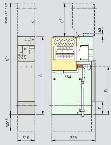 32 232 1) Volitená možnos: S nízkonapäovou skrinkou 2) Podstavec pre výšku rozvádzaa 1 700 mm alebo absorbér --> výška káblového pripojenia = D +