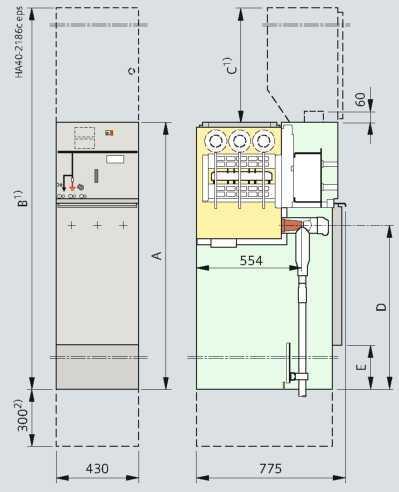 Rozmery Polia (430 mm) Káblové pole, typ K(E) s uzemovacím spínaom Transformátorové pole, typ T Vypínaové pole, typ