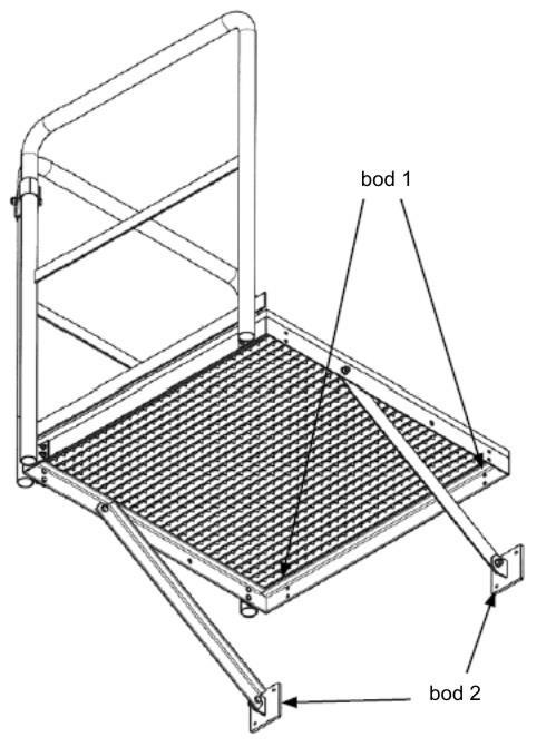 Podesta 1000x1000mm (kód 835574), prijateľné zaťaženie 5,00kN/m2 Pevnosť ukotvenia bez rozširovacej podesty: Bod 1: 2 kusy pri každom: horizontálne