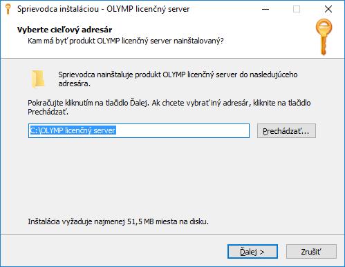 V okne vidíte adresár, do ktorého sa nainštaluje licenčný server. Kliknutím na Prechádzať si môžete zvoliť iný adresár.