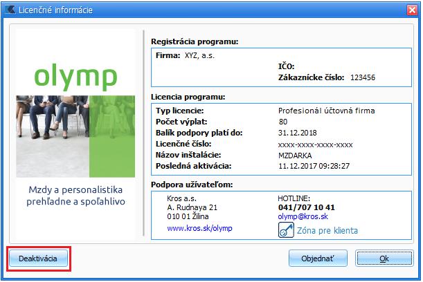 Deaktivácia licencie v programe Olymp a Odinštalovanie licenčného servera Deaktivácia licencie V prípade, že si chcete program Olymp