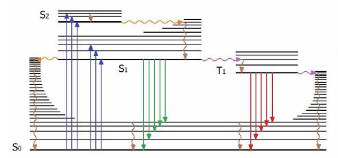 2.4 Jablonského diagram Obr. 1 Jablonského diagram Jablonského diagram (viz Obr. 1) vyznačuje jednotlivé pochody excitace a deexcitace, energetické stavy molekul a přechody mezi nimi.