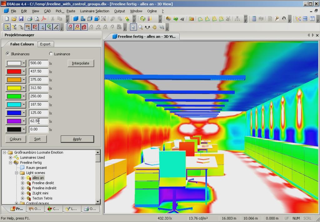 Obrázek 2.12: Ukázka vizualizace programu DIALux v kombinaci s photon mappingem lze dosáhnout velmi realistického zobrazení včetně simulace odrazu a lomu světla.