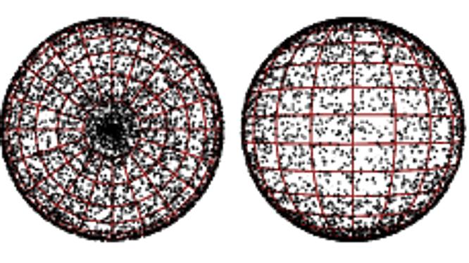 Obrázek 3.3: Nerovnoměrné rozložení bodů na povrchu koule Obrázek 3.4: Rovnoměrné rozložení bodů na povrchu koule 3.4.2 S využitím normálního rozložení pravděpodobnosti Tohoto principu využívá například generátor v knihovně boost.